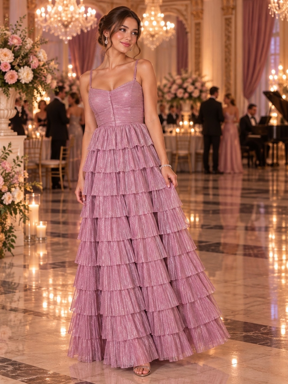 Gianni Bini Size 10 NWT Purple Shimmer Tiered Ruffle Formal Prom Maxi Dress
